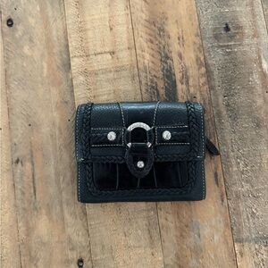 Vintage Brighton Black Leather Wallet Silver Detail Tri-fold With Coin Zip